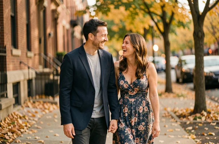 Couple heureux marchant ensemble en ville à l'automne, évoquant l'histoire d'amour de Peter Scanavino et sa femme