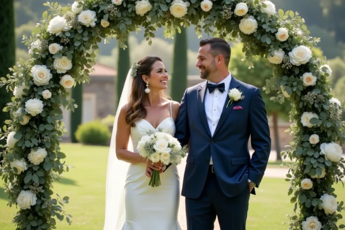 Couple de mariés sous une arche fleurie de pivoines blanches lors d'une cérémonie de mariage en plein air à la campagne