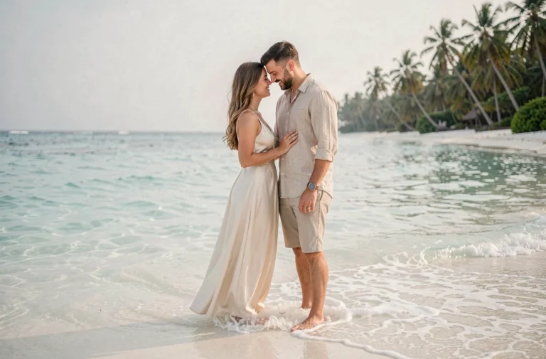 Couple de jeunes mariés pieds nus sur une plage tropicale paradisiaque lors de leur voyage de noces