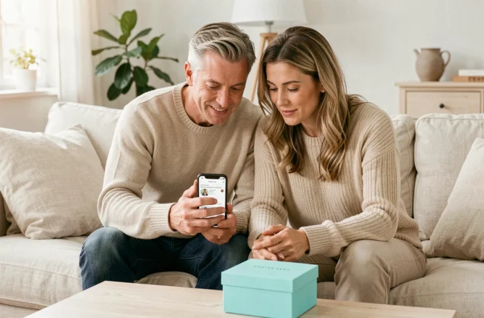 Couple consultant le plan de navigation du site Tiffany and Co sur smartphone dans un salon scandinave
