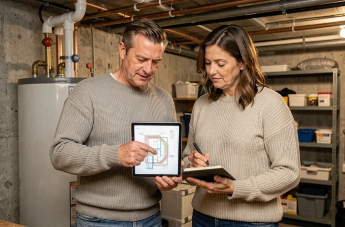Couple consultant le plan de canalisation de leur maison sur une tablette dans le sous-sol