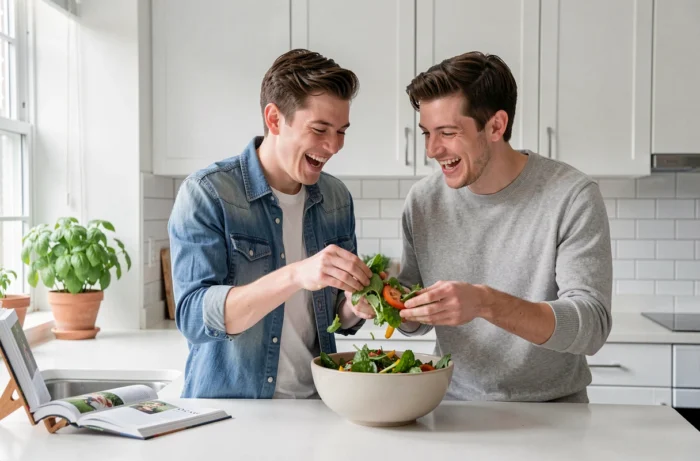 Couple joyeux préparant une salade fraîche ensemble dans une cuisine moderne et lumineuse