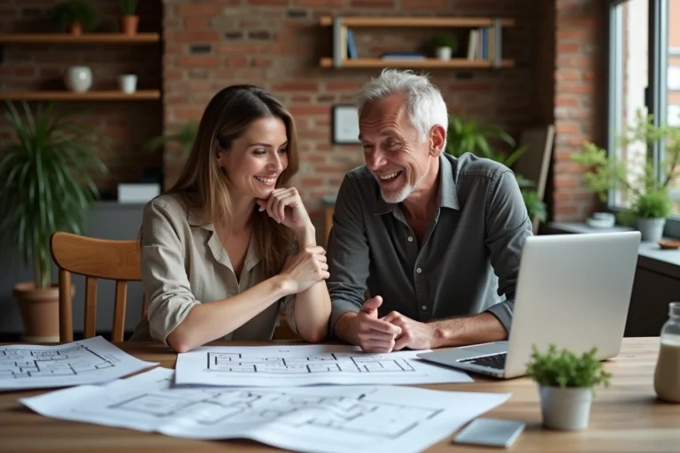 Couple examinant des plans immobiliers et des brochures sur une table en bois dans un salon contemporain chaleureux