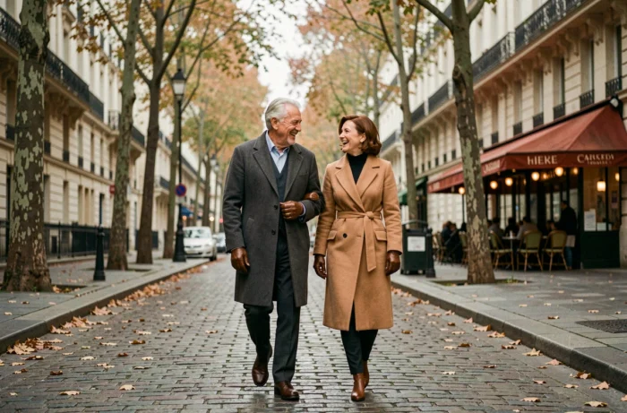 Couple élégant se promenant dans une rue pavée parisienne en automne, complicité et sourires naturels entre les deux partenaires