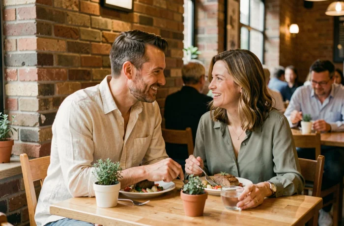 Couple complice attablé dans un restaurant chaleureux, illustrant la vie amoureuse et familiale de Peter Scanavino