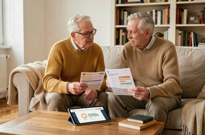 Couple de seniors discutant du choix de leur mutuelle santé confortablement installés dans leur salon