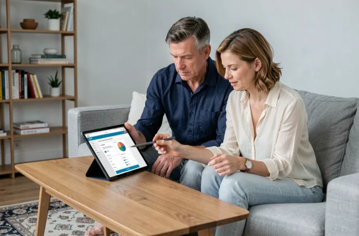 Couple consultant ensemble une simulation CAF des allocations familiales sur une tablette dans un salon