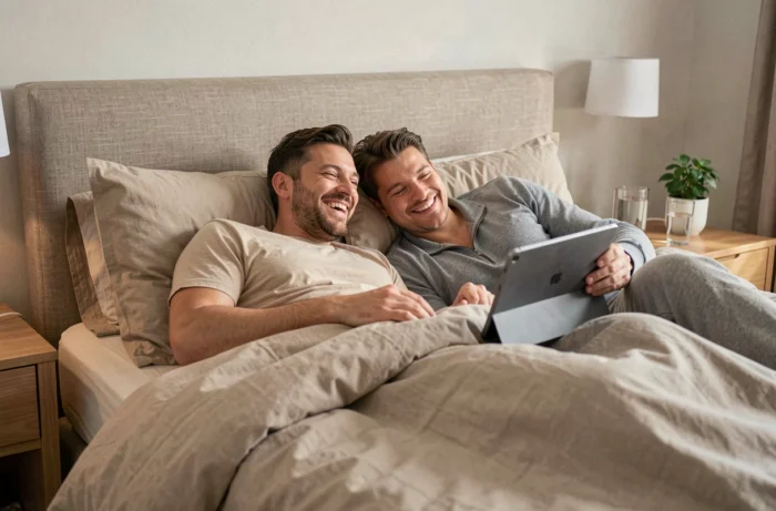 Couple regardant une émission TV en direct sur une tablette dans une chambre à coucher moderne