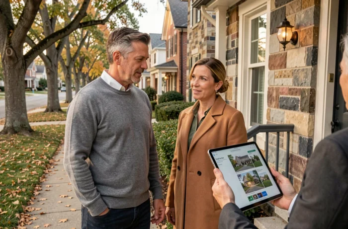Couple visitant une maison en pierre avec un agent immobilier en banlieue résidentielle en automne