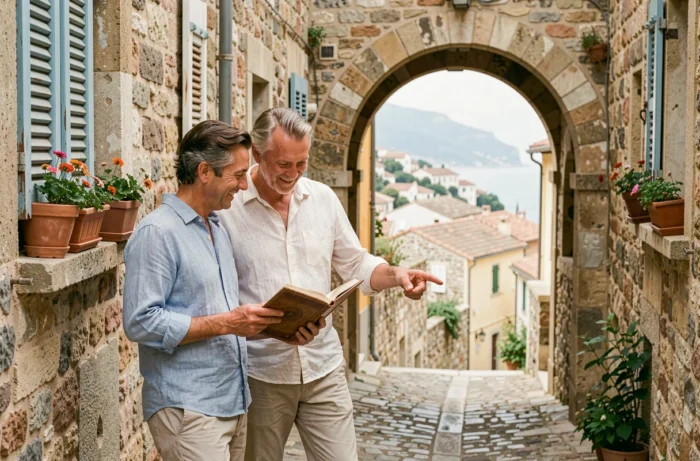 Couple explorant un village méditerranéen pittoresque avec un carnet de voyage artisanal lors d'un voyage personnalisé