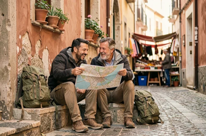 Couple de voyageurs consultant une carte dans une vieille ville pittoresque lors d'un tour du monde
