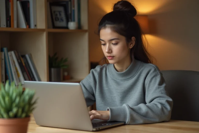 Jeune femme créant un compte Twitter sur un ordinateur portable dans un bureau à domicile