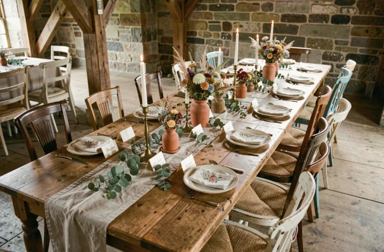 Table de mariage rustique décorée avec des vases en terre cuite, des bouquets de fleurs séchées et des marque-places en céramique peints à la main dans une grange en pierre