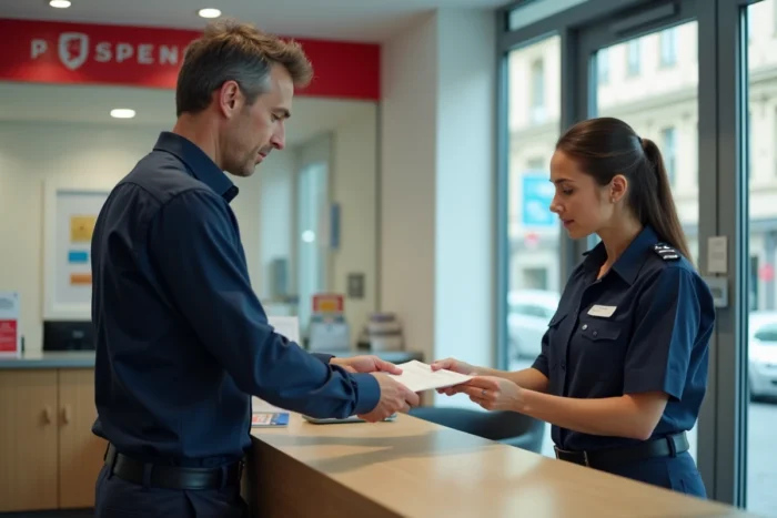 Homme déposant une demande de réexpédition de courrier au guichet d'un bureau de poste français après un décès