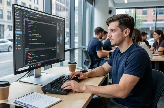 Développeur débutant apprenant la programmation dans un espace de coworking moderne avec plusieurs écrans