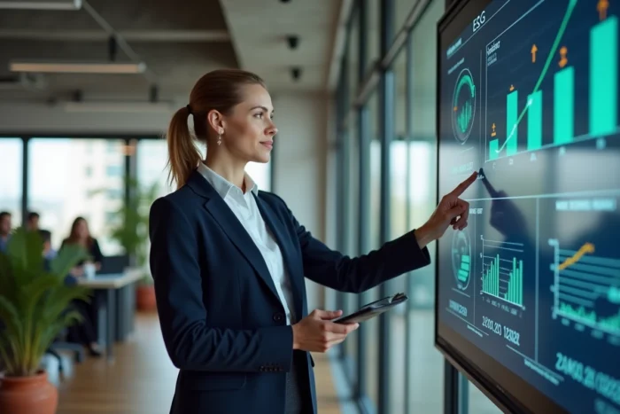 Directrice d'entreprise présentant des indicateurs de performance ESG et RSE sur un écran numérique dans un bureau contemporain avec végétation intérieure