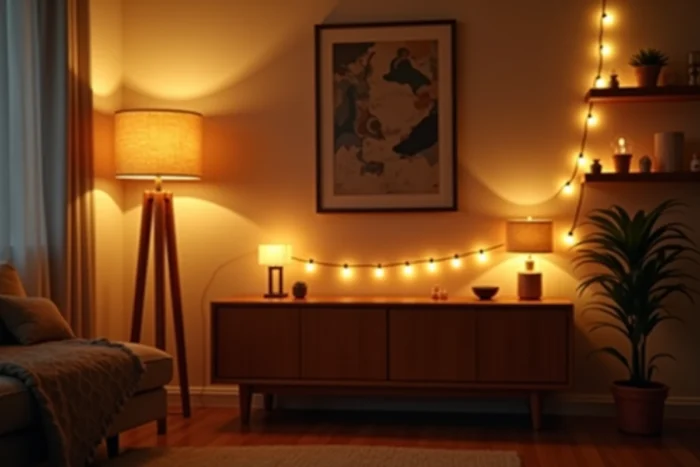 Salon avec éclairages superposés en couches : lampadaire, lampes de table et guirlande Edison pour une ambiance enveloppante