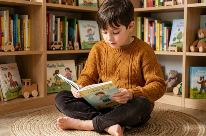 Garçon en pull en laine tricoté main à motif torsadé assis dans un coin lecture cosy avec des livres illustrés en arrière-plan