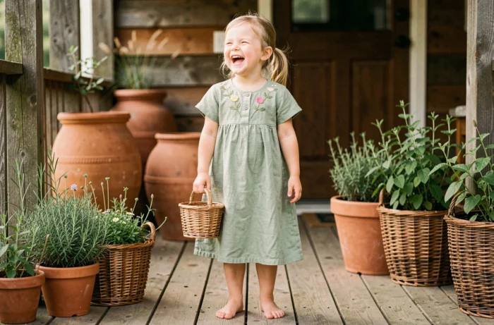 Petite fille portant une robe en lin cousue main avec broderies florales artisanales, debout sur une terrasse en bois entourée de plantes