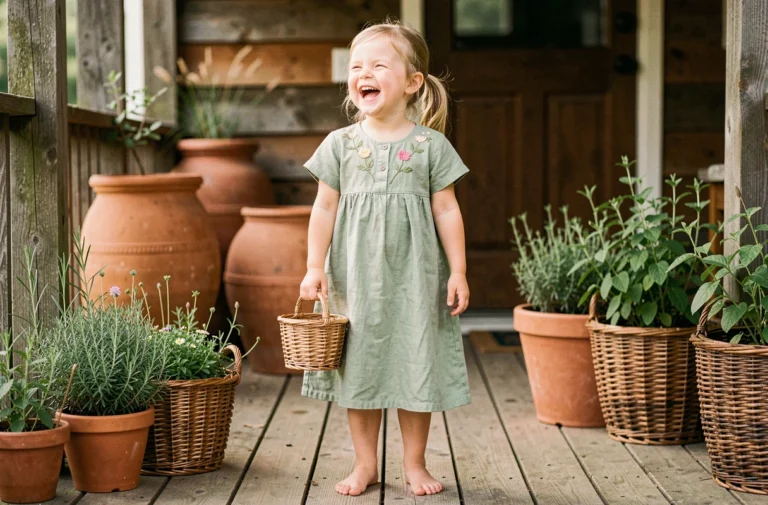 Petite fille portant une robe en lin cousue main avec broderies florales artisanales, debout sur une terrasse en bois entourée de plantes