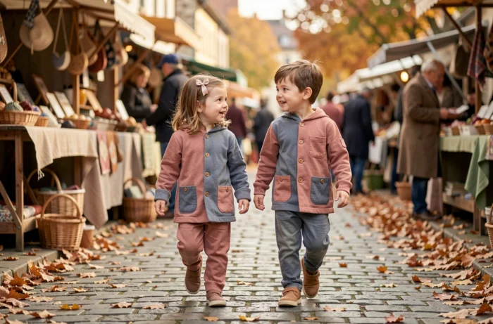 Deux enfants en tenues artisanales assorties en coton biologique se promenant sur un marché artisanal en automne avec des feuilles colorées au sol
