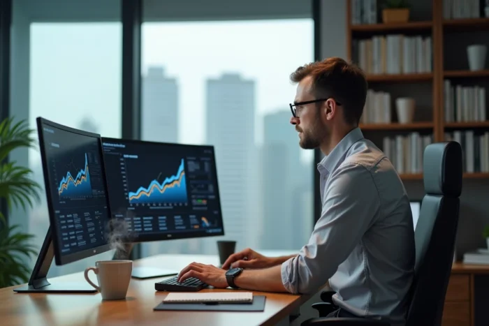 Entrepreneur analysant des données de performance commerciale sur deux écrans dans un bureau avec vue urbaine