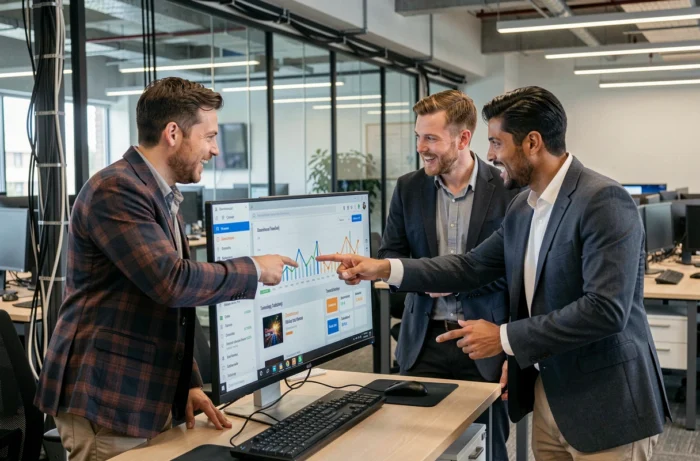 Équipe de collègues analysant les dernières actualités et statistiques du téléchargement en ligne dans un bureau technologique