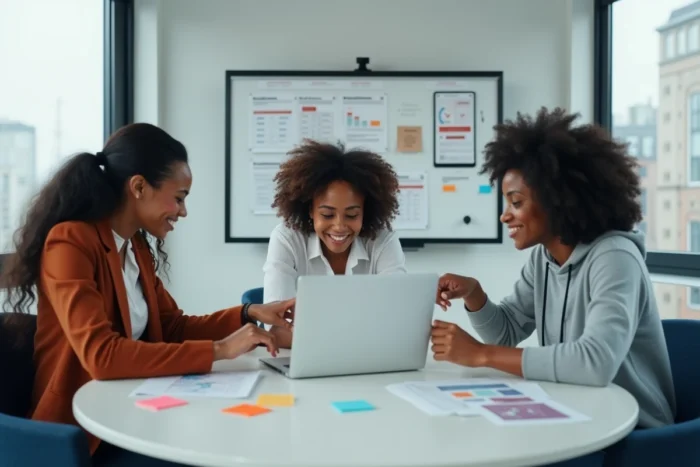 Équipe de professionnels analysant ensemble les nouvelles tendances web et innovations digitales autour d'un ordinateur portable