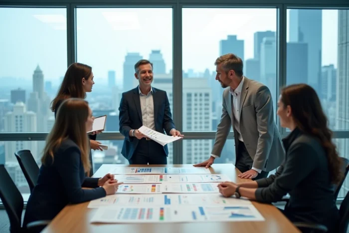Équipe de collègues discutant des opportunités de mobilité professionnelle autour d'une table dans une salle de réunion avec vue sur la ville