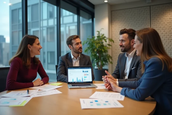 Équipe professionnelle en réunion stratégique autour d'un tableau de bord de croissance dans une salle de conférence moderne