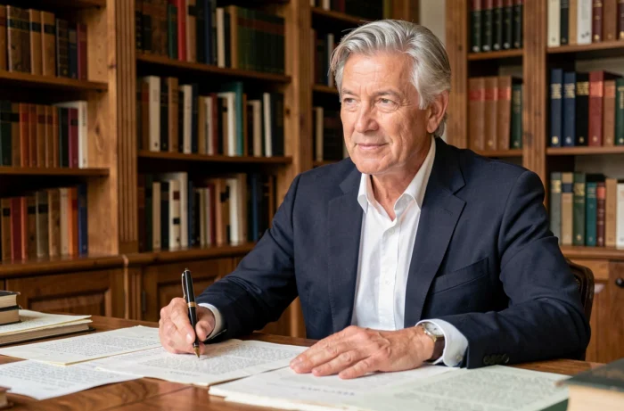 Éric-Emmanuel Schmitt dans son bureau parisien entouré de livres, regard pensif et atmosphère intime d'un écrivain célèbre