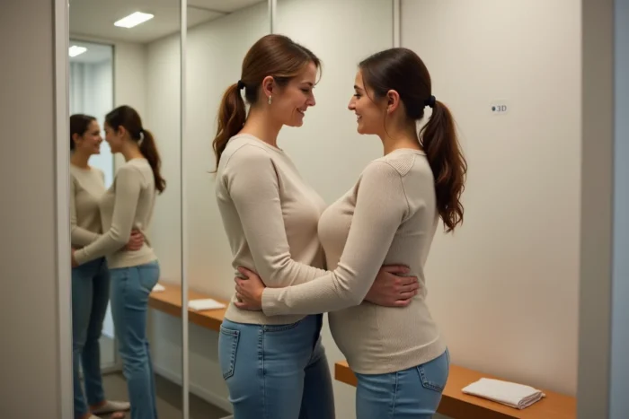 Deux femmes en cabine d'essayage évaluant l'ajustement d'un haut thermique Damart avec l'aide d'un miroir