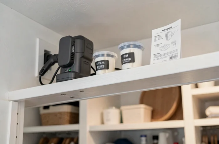 Étagère haute de placard dédiée au chargeur d'aspirateur balai et aux filtres de rechange dans des boîtes transparentes étiquetées
