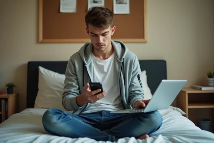 Étudiant cherchant des alternatives sur son téléphone et ordinateur portable lors d'une panne ENT dans une chambre universitaire