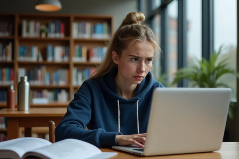 Étudiante universitaire frustrée devant un ordinateur portable affichant une erreur de connexion ENT AMU en bibliothèque