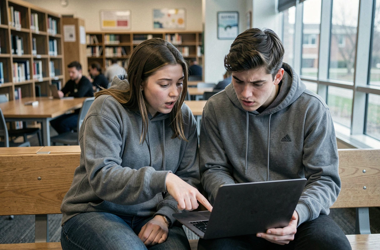 Deux étudiants universitaires consultant un ordinateur portable dans une bibliothèque pour vérifier une règle d'orthographe du français