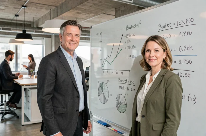 Deux experts en gestion financière analysant des graphiques budgétaires sur un tableau de verre dans une agence moderne