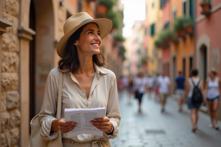Femme souriante explorant une rue pavée colorée dans une vieille ville européenne lors d'un voyage culturel