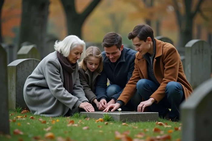 Famille réunie autour d'une tombe fleurie dans un cimetière en automne pour rendre hommage à une maman décédée