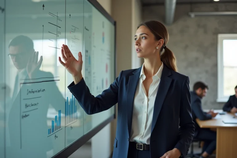 Femme d'affaires confiante présentant une stratégie de croissance devant un tableau blanc dans un bureau moderne