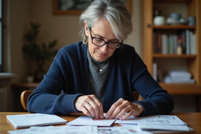 Femme collant un timbre sur une enveloppe blanche à une table de cuisine, illustrant l'affranchissement du courrier en France