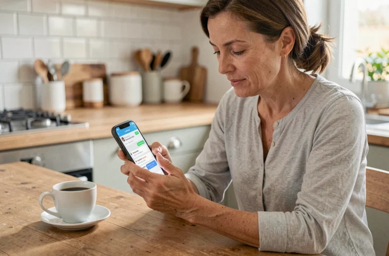 Femme consultant des alertes SMS bancaires du Crédit Agricole sur son smartphone à la cuisine