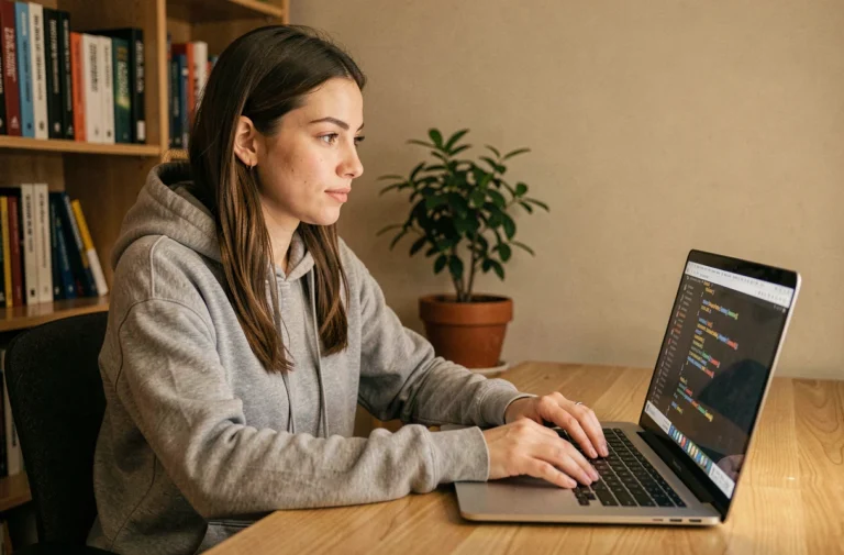 Jeune femme apprenant à coder sur un ordinateur portable dans un bureau à domicile bien organisé
