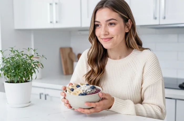 Jeune femme savourant un bol de smoothie acai coloré au petit-déjeuner dans une cuisine scandinave