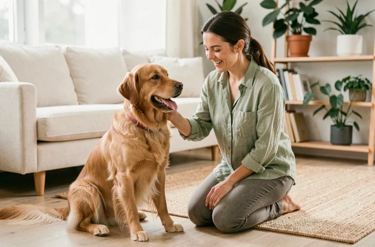 Femme brossant son golden retriever dans un salon moderne, soin et bien-être de l'animal de compagnie