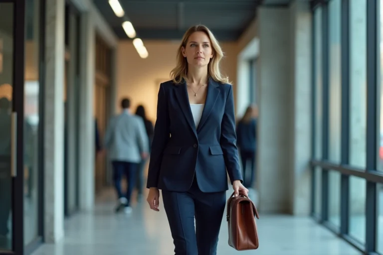 Femme cadre en mobilité professionnelle marchant dans un couloir de bureau moderne avec une mallette en cuir