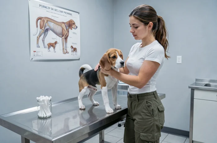 Jeune femme tenant son chiot beagle lors d'une visite chez le vétérinaire, consultation médicale pour animaux de compagnie