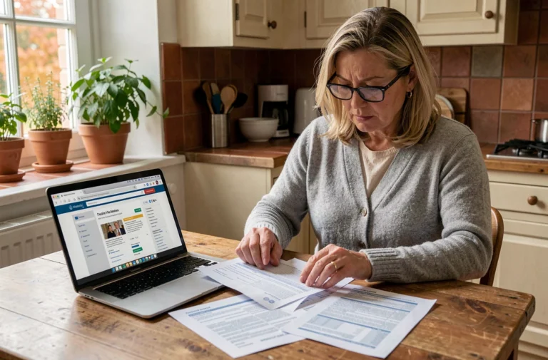 Femme d'une cinquantaine d'années comparant des contrats de mutuelle santé sur une table en bois dans une cuisine chaleureuse