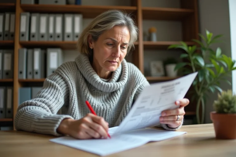 Femme corrigeant une erreur sur une quittance de loyer imprimée à son bureau à domicile