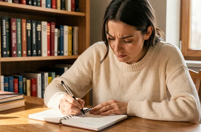 Femme concentrée qui écrit dans un cahier réglé avec un stylo, entourée de dictionnaires et de livres de grammaire française sur une étagère